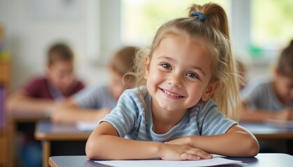 Fototapeta premium In a bright classroom, an elementary student smiles warmly at their desk, surrounded by engaged classmates in a cozy setting.