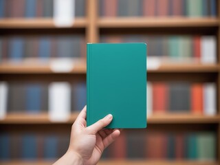 hand holding a book with background stack of books library, book mockup concept