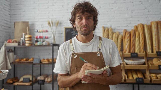 Young man working in a bakery shop interior taking notes surrounded by bread