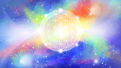 フラワーオブライフと宇宙の背景イラスト16：9 © コンタムDesign