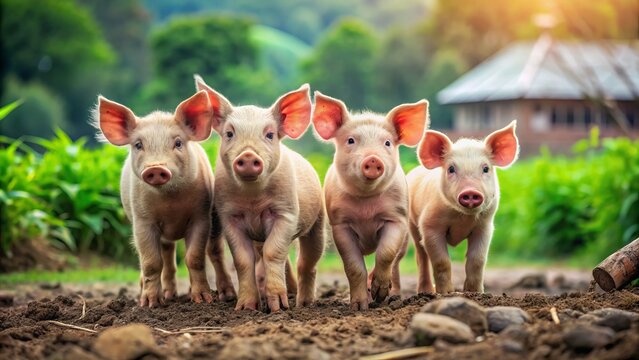 Adorable piglets standing on muddy ground, their tiny trotters and curly tail visible, surrounded by lush green grass and rustic farm environment elements.