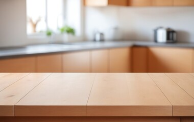 Wooden table on blurred kitchen bench background. Empty wooden table and blurred kitchen background