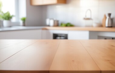 Wooden table on blurred kitchen bench background. Empty wooden table and blurred kitchen background