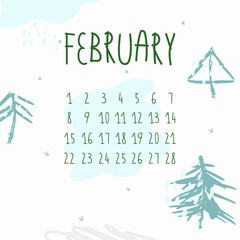 Wall monthly calendar in flat art. Calendar design for the month of February. Simple monthly square calendar planner minimal style. I have all the other months in my portfolio. Vector illustration