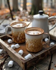 hot cocoa with marshmallows in mugs on wood tray on blurred autumn forest background. warm and cozy atmosphere of fall picnic and travel concept.