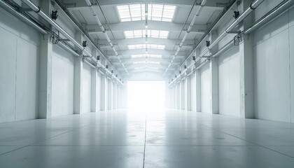 Obraz premium Inside a vast, empty factory, soft white tones and industrial pipes create an airy ambiance, with light reflecting off the shiny floor.
