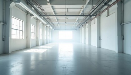 Fototapeta premium Inside a vast, empty factory, soft white tones and industrial pipes create an airy ambiance, with light reflecting off the shiny floor.