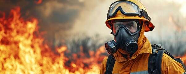 Firefighter in Action with Flames in the Background.