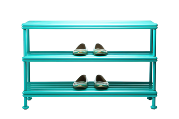 Stylish Turquoise Shoe Rack Showcasing Elegant Flat Shoes in a Contemporary Space on White or PNG Transparent Background.