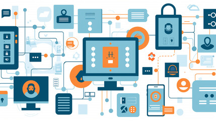concept of identity and access management with visual elements like secure login screens, biometric authentication, and role-based access controls, secure user management. digital cyber security 