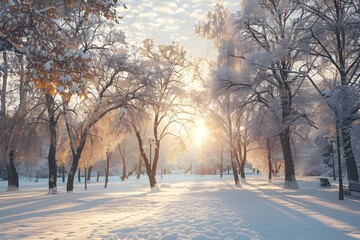 Cold season outdoors landscape, a frost tree in meadow, ground covered with ice and snow at sunrise - Winter seasonal background