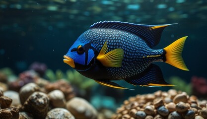 Naklejka premium Vibrant Blue Fish Underwater Scene