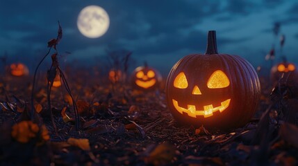 Fototapeta premium Pumpkin field under full moon