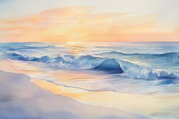 Obraz premium Beautiful watercolor painting of a serene beach with gentle waves and a stunning sunset, evoking peace and tranquility.