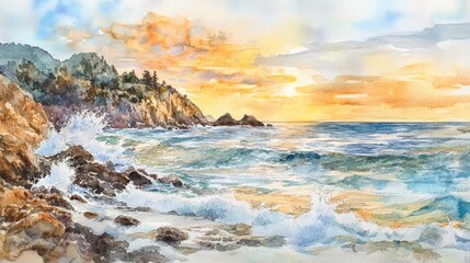 Beautiful watercolor painting of a serene coastal landscape with waves crashing against rocks at sunset.