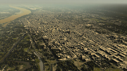 Technical aerial visual, 3D LiDAR GIS aerial map satellite scan model isolated, showing Baton Rouge, Louisiana. Elevation, topography, render