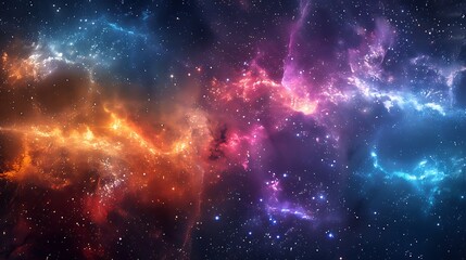 Fototapeta premium A detailed illustration of a cosmic scene with multiple nebulae in various colors, interspersed with bright stars and dark interstellar clouds. High contrast, vivid colors, hd quality,