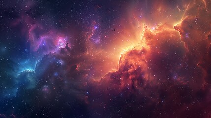 Naklejka premium A detailed illustration of a cosmic scene with multiple nebulae in various colors, interspersed with bright stars and dark interstellar clouds. High contrast, vivid colors, hd quality,