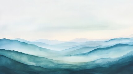 Obraz premium Beautiful watercolor painting of misty blue mountains, evoking serenity and tranquility with soft blending of colors in a dreamy landscape.