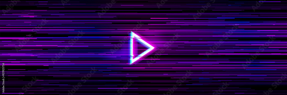 Poster Video game glitch background with play arrow button and purple neon glowing disrupted horizontal lines. Vector digital retro-futuristic backdrop that emulate visual disruption in video games or media