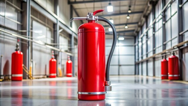 A red dry chemical fire extinguisher with a chrome nozzle and handle stands upright in a corner, ready for emergency use in a commercial setting.