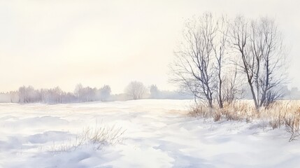 Fototapeta premium Beautiful winter landscape with snow-covered field, bare trees, and soft overcast sky. Serene and tranquil nature scene.