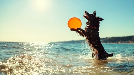 Joyful dog r leaping to catch an orange frisbee in the sea.