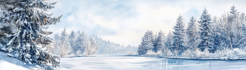 Obraz premium Beautiful winter landscape with snow-covered pine trees and frozen lake under a clear sky, capturing a peaceful and serene scene.
