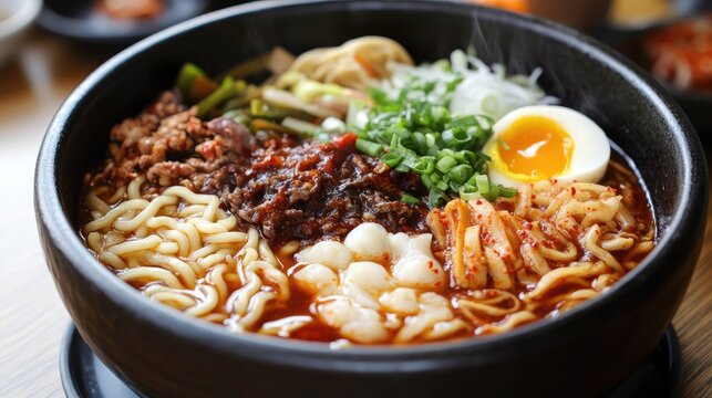 A bowl of Korean ramen (ramyeon) with spicy broth and toppings. Great for quick meal ideas and food content