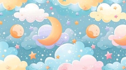 A dreamy design with pastel stars, moons, and clouds in shades of lavender, mint, and peach, creating a whimsical night sky pattern. Soft hues, fluid shapes, hd quality, light and fun.