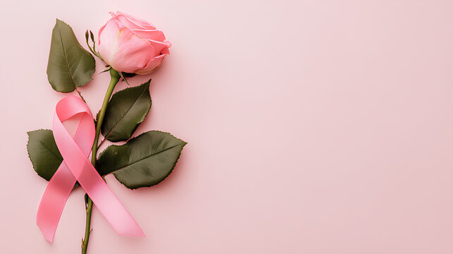 Rose and pink ribbon on a pink background with copy space, concept of celebrating femininity, breast cancer awareness backdrop