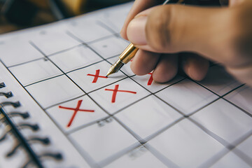 Close-up of a hand using a pen to mark an X on an empty calendar with red check marks, Generative AI