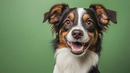 Fototapeta premium studio headshot portrait of brown white and black medium mixed breed dog smiling against a green background