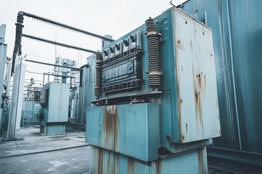 A transformer at an electrical substation. Transmission of electricity.