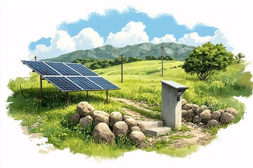 Obraz premium Rural Solar Panel Installation with Mountain Landscape.