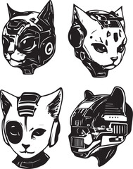 Set Cats Cyberpunk. Hand drawn vector illustration