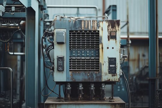 A transformer at an electrical substation. Transmission of electricity.