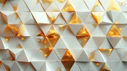 Fototapeta premium A graphic design featuring gold geometric shapes, diamonds, and triangles on a white background. Minimalist aesthetic, sharp contrast, reflective surfaces, hd quality, modern look. --ar 16:9 --v 6.