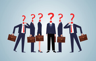 Uncertain, puzzling, troubling questions and problems, pondering answers or solutions, a group of people discussing the problem head into question marks