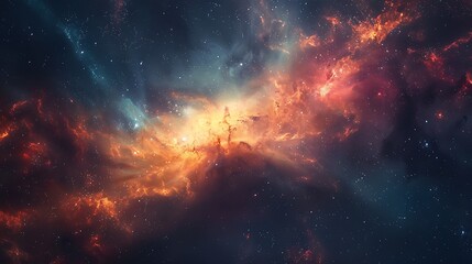 Fototapeta premium A mesmerizing view of a distant galaxy surrounded by vibrant nebulae and scattered stars, creating a breathtaking cosmic panorama. High contrast, vivid colors, hd quality, ethereal and majestic.
