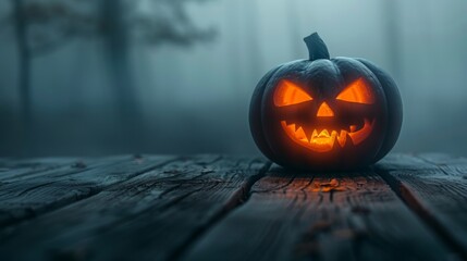 A single Jack-o'-lantern with a menacing grin is placed on a wooden surface. The background is a misty, eerie landscape
