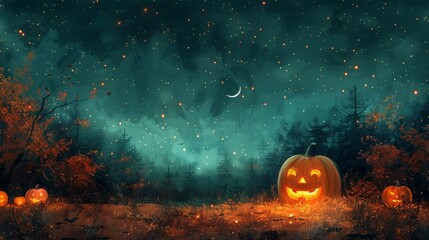 The background is a green night sky with stars and a crescent moon, creating a cute and Halloween scene