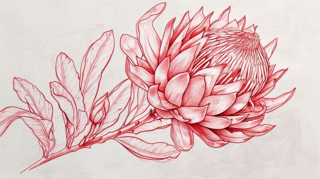 Red protea flower. Sketchy red line drawing on beige background