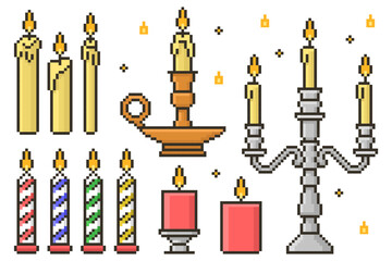 Pixel Art Candles Set in Retro Style. Vector illustration