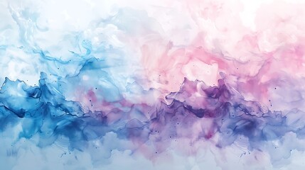 Fototapeta premium A serene abstract watercolor artwork with soft splashes of pastel blue, pink, and lavender, blending gently on a white background. Gentle hues, fluid forms, hd quality, calming and elegant.