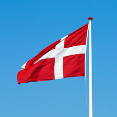 Denmark, flag and wind on sky background for country, pride and protocol at kingdom. Symbol, nationalism and international identification in Scandinavia with royalty, representation and mockup space