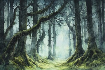 Fototapeta premium Enchanting foggy forest with mysterious trees and lush mossy ground, creating a magical and mystical atmosphere.