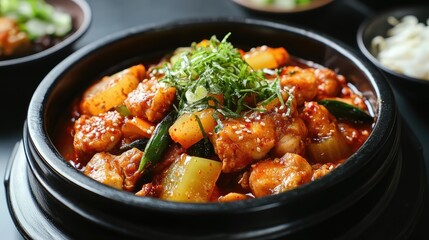 Fototapeta premium Korean-style braised chicken (dakbokkeumtang) with vegetables and spicy sauce. Ideal for hearty meals