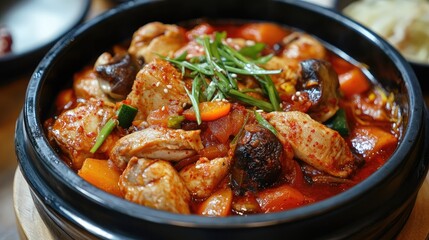 Fototapeta premium Korean-style braised chicken (dakbokkeumtang) with vegetables and spicy sauce. Ideal for hearty meals