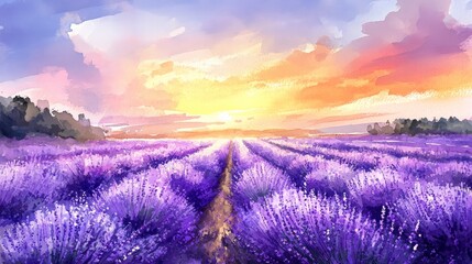 Fototapeta premium Lavender field at sunset with a path leading towards the horizon under a colorful sky, showcasing the beauty of nature and tranquility.
